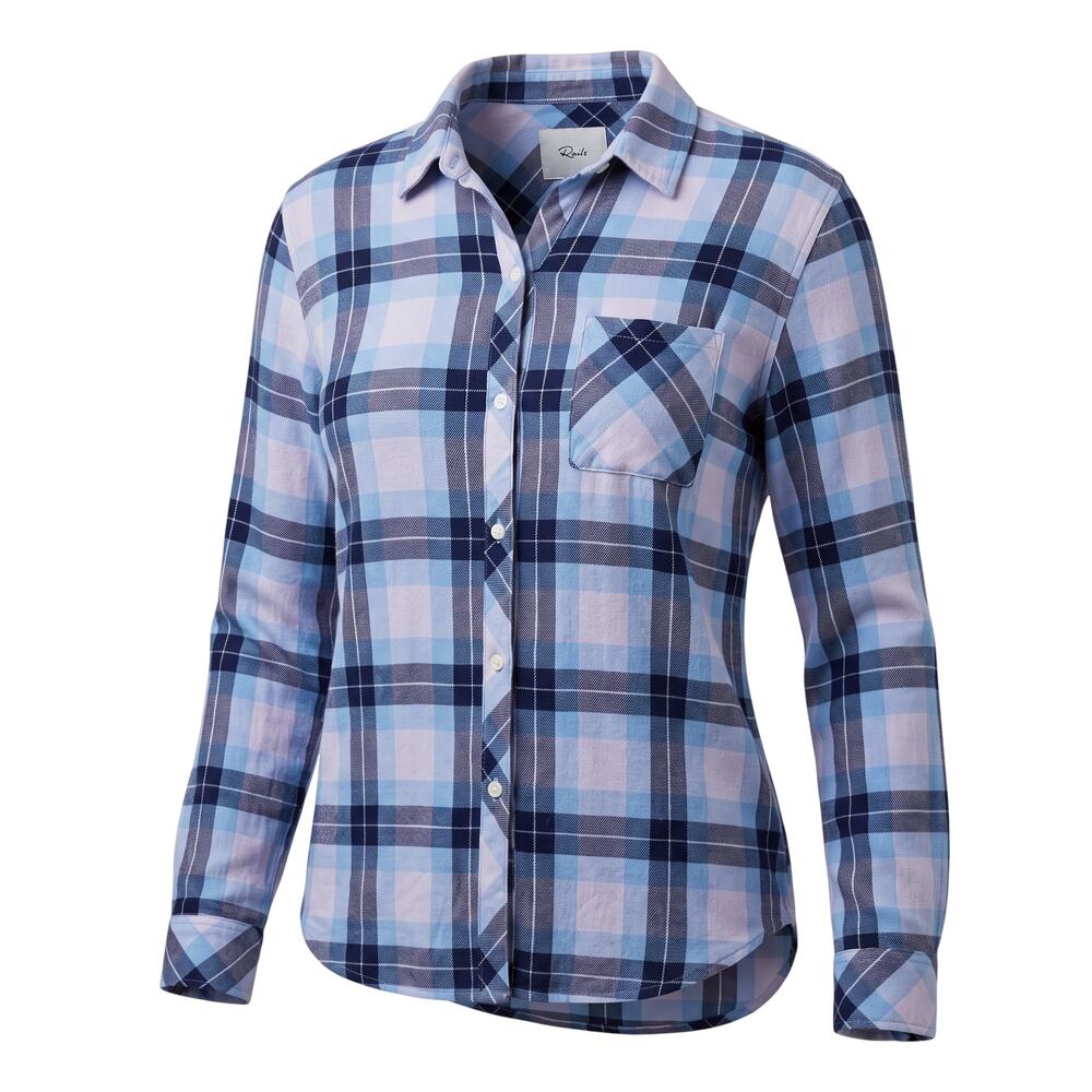 Rails blue plaid button-up shirt with spread collar chest pocket curved hem Size